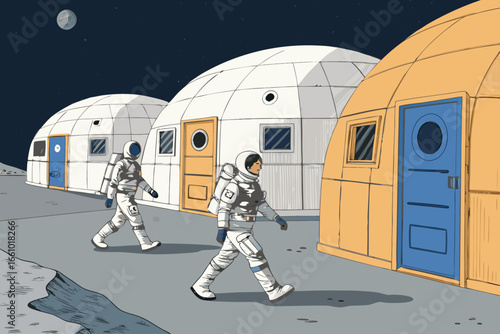 Moon base with astronauts exploring.