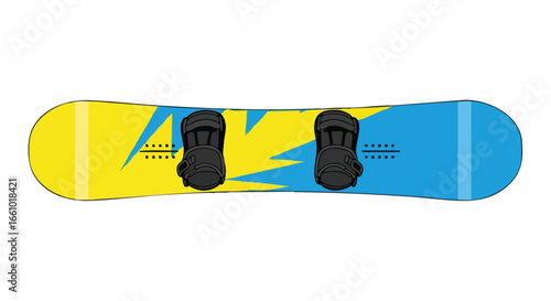 Stylized snowboard illustration with vibrant yellow and blue graphics and black bindings depicting winter sports equipment