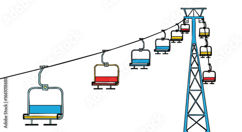 Stylized illustration depicting a ski lift with colorful seats against a white backdrop suggesting a vibrant recreation scene in a mountainous area
