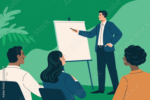 Energetic corporate workshop presentation, presenter actively engaging audience, pointing at flipchart with business strategy.