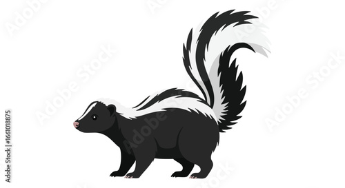 Stylized Skunk Illustration: Side View of Black and White Mammal with Bushy Tail Standing on White Background