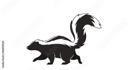 Stylized skunk illustration with bold stripes, set against a minimalist white backdrop highlighting the animal's characteristic markings