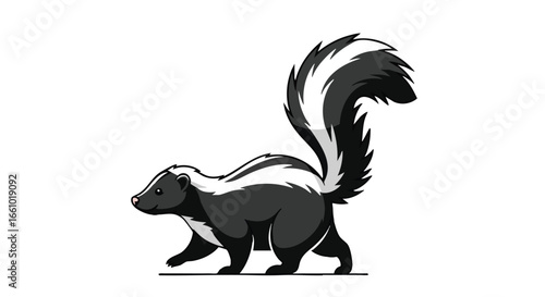 Illustrative skunk with bold black and white stripes and a bushy tail on a plain background