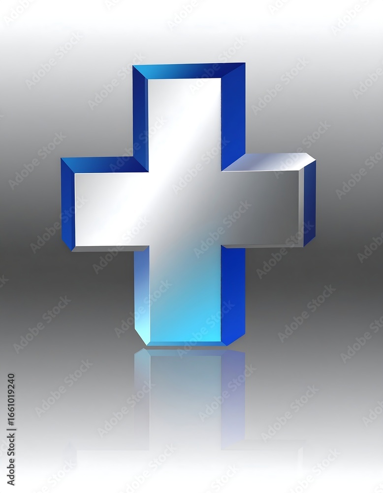 Obraz premium A 3D metallic cross with blue edges, casting a reflection on a gray gradient background