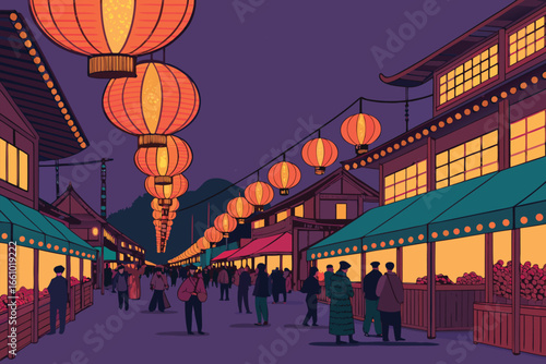 Night market glowing lanterns illuminate a busy street with a bus.