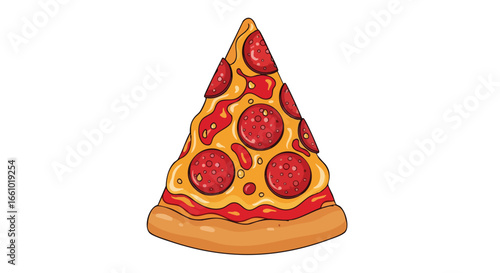 Whimsical pepperoni pizza slice illustration isolated on white background  Delicious cartoon pizza segment with melted cheese and savory toppings
