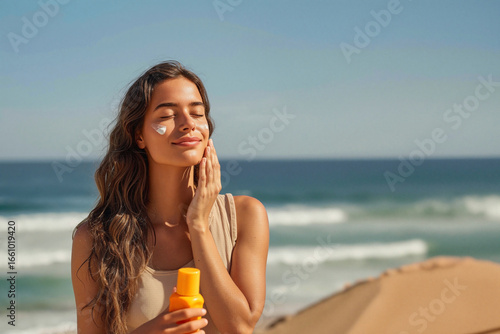 Young woman applying sunscreen on her face at the beach