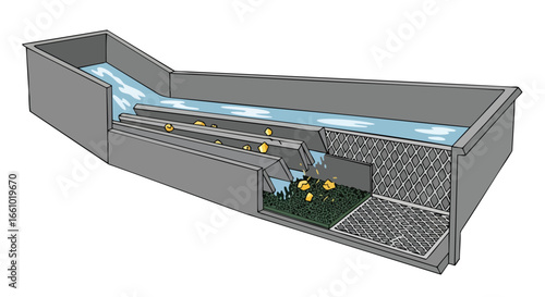 Schematic representation of a sluice box used in placer mining to extract gold from alluvial deposits, showcasing its operational mechanics