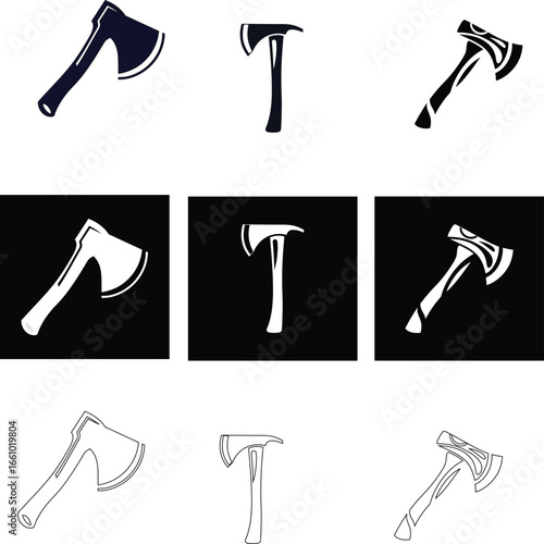 Minimalist axe vector set with outline, silhouette, and white on black styles, great for outdoor adventure logos, forestry branding, and camping badges.
