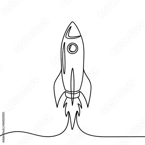 Minimalist single line drawing of a rocket launching into space