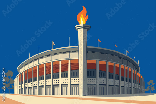 Olympic stadium exterior with a giant torch flame.