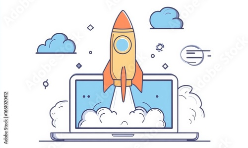 Futuristic rocket launching from an open laptop screen, symbolizing a groundbreaking startup venture, innovative business concepts, and the dynamic initiation of an entrepreneurial, Generative AI