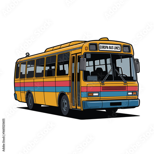 Retro yellow city bus with colorful stripes