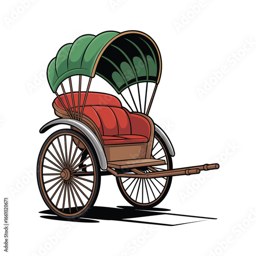 Traditional red and green rickshaw isolated on white background