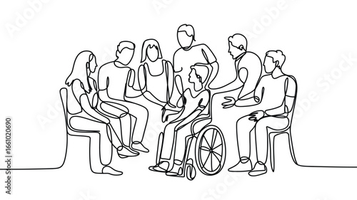 Diverse group of people in a circle with one person in a wheelchair