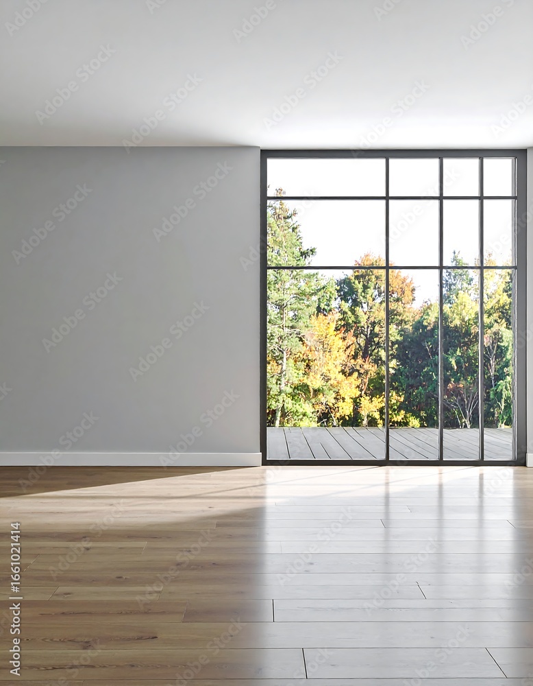 Obraz premium Empty room with large window, autumn view