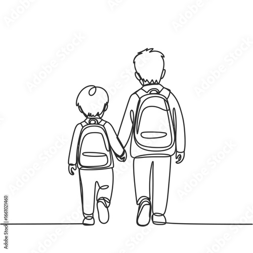 Two children holding hands with backpacks walking together