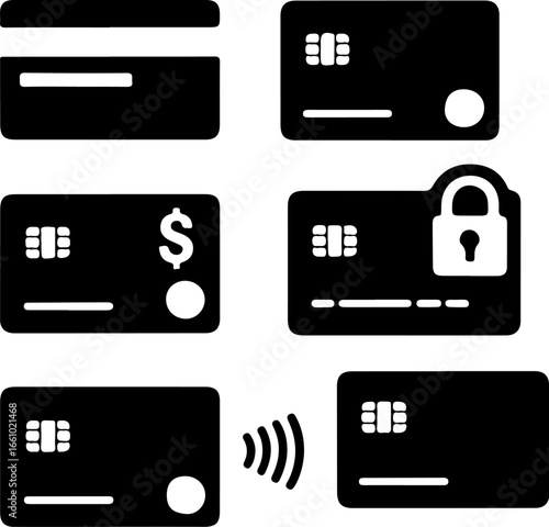 Various credit card icons displayed in black and white with different security features and payment options
