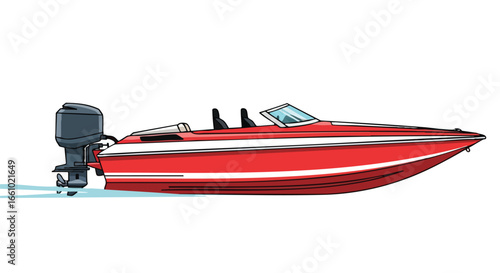 Vivid portrayal of a sleek, red speedboat gliding swiftly through calm waters demonstrating a sporty, recreational watercraft in motion