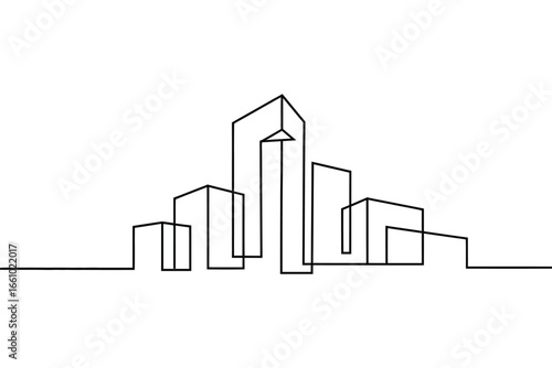 Minimalist black line art cityscape with tall buildings