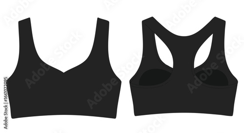 Black sports bra, front and back view, a minimalist garment for active lifestyle and sportswear, vector illustration for design templates and fashion