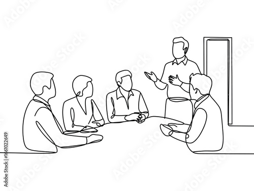 Business meeting presentation with continuous line drawing style