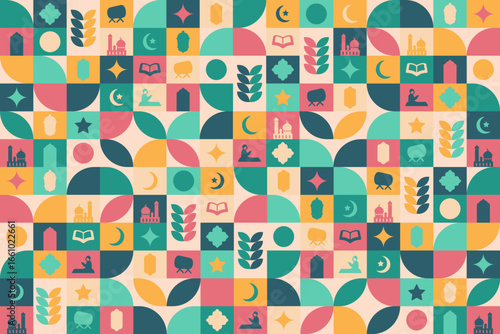 Colorful Islamic Geometric Pattern with Eid and Ramadan Icons, Seamless Vector Background