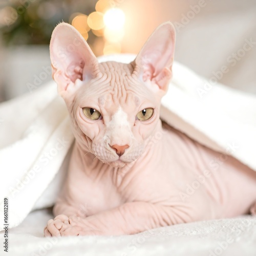 Hairless cat, light pink, peeking from white blanket