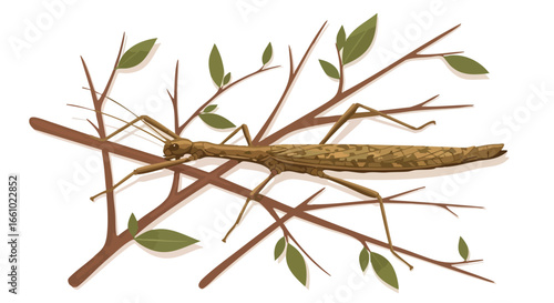 A Detailed Illustration of a Stick Insect Camouflaged Among Twigs and Foliage  in a Natural Setting Depicted in High Detail to show an artistic