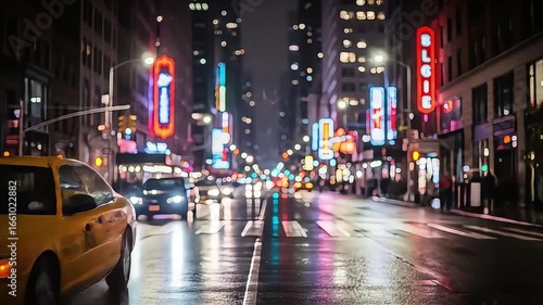 Nighttime City Street with Taxis Moving Through Brightly Lit Downtown Area