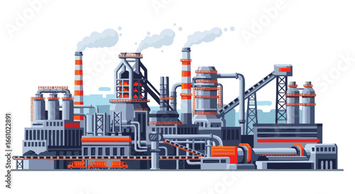 Stylized Industrial Complex Illustration Showcasing Manufacturing Infrastructure and Energy Production Facilities Depicted with Emission Stacks and