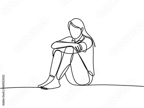 Single line drawing of a sad woman sitting alone