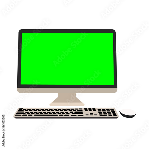 Vector illustration of monitor with green screen from front view point with brown and white colored keyboard and mouse.