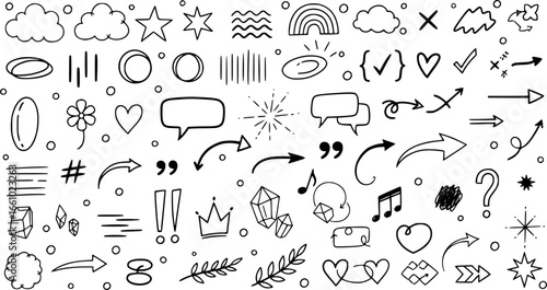 Сollection of various black doodle elements, manga-style illustration pictogram icon set. EPS version.