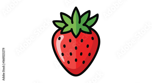 Stylized strawberry illustration with vibrant red hue, detailed seeds, and lush green foliage set against a stark white backdrop evokes a sense of