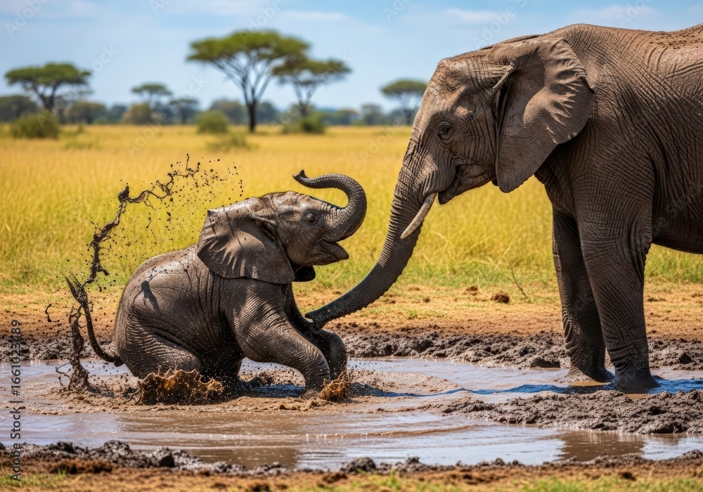 Obraz premium A Mother Elephants Tender Gaze as Her Calf Joyfully Splashes in a Savanna Mud Puddle.