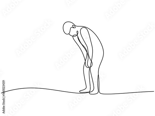 Single line drawing of a person bending over in thought