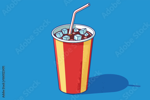 Illustrated paper soda cup with straw and ice.