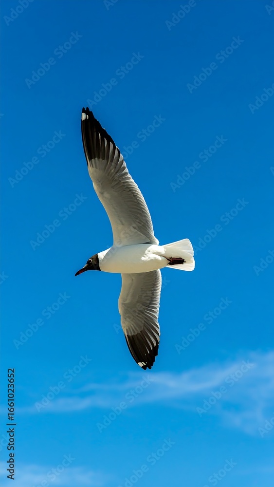 Fototapeta premium A seagull soaring against a vibrant blue sky