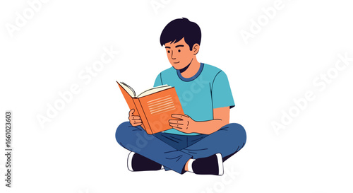 Illustration of a focused young man absorbed in reading while seated cross-legged on a bright, minimalist background
