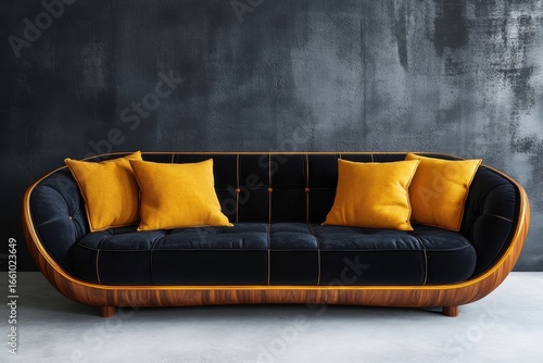 Black velvet sofa with mustard pillows, positioned against a dark concrete wall, reflecting art deco home interior design for a modern living room. 3D rendering, Generative AI