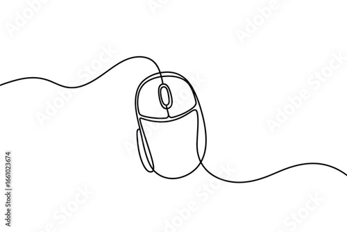 Minimalist single line drawing of a computer mouse with a cable