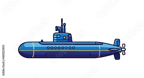 Cartoon illustration of a blue submarine with yellow accents isolated on a white background ready for undersea exploration
