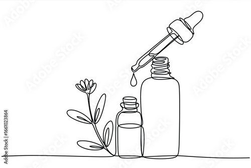 Minimalist line art of essential oil dropper and botanicals