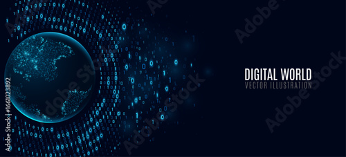 Futuristic planet Earth with circular glowing binary code on a dark blue background. Global network visualization symbolizing data transfer, programming and virtual communication. Vector illustration.