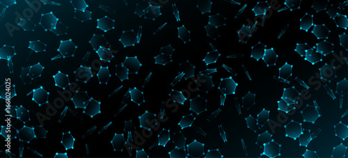 Molecular flying hexagonal structure for scientific research presentation. Abstract dynamic blue hexagons connected by dots for medical background or biotech design. Vector illustration.