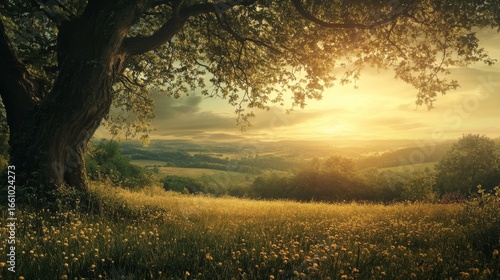 A tree silhouetted against the setting sun over rolling hills, with wildflowers in the foreground.