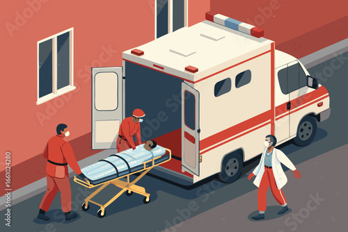 Paramedics move a patient from an ambulance to a medical facility.
