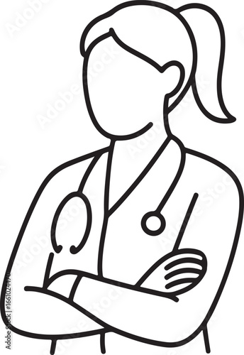 line art drawing of a female doctor with stethoscope vector illustration