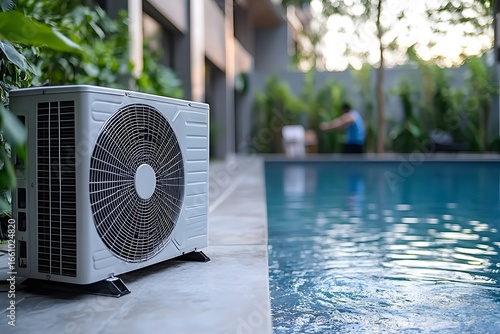 Heat pump tests near a swimming pool.